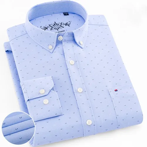 Mens Long Sleeve Solid Oxford Dress Shirt with Left Chest Pocket High-quality Male Casual Regular-fit Tops Button Down Shirts