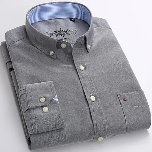 Mens Long Sleeve Solid Oxford Dress Shirt with Left Chest Pocket High-quality Male Casual Regular-fit Tops Button Down Shirts