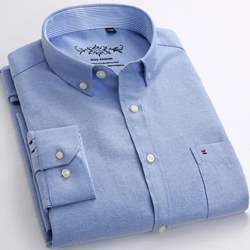 Mens Long Sleeve Solid Oxford Dress Shirt with Left Chest Pocket High-quality Male Casual Regular-fit Tops Button Down Shirts