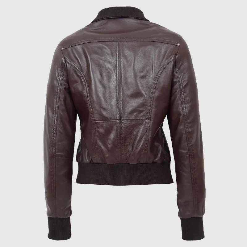 New Premium Quality Womens Leather Classic Bomber Jacket Motto Brown