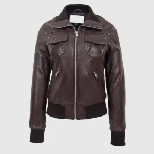 New Premium Quality Womens Leather Classic Bomber Jacket Motto Brown