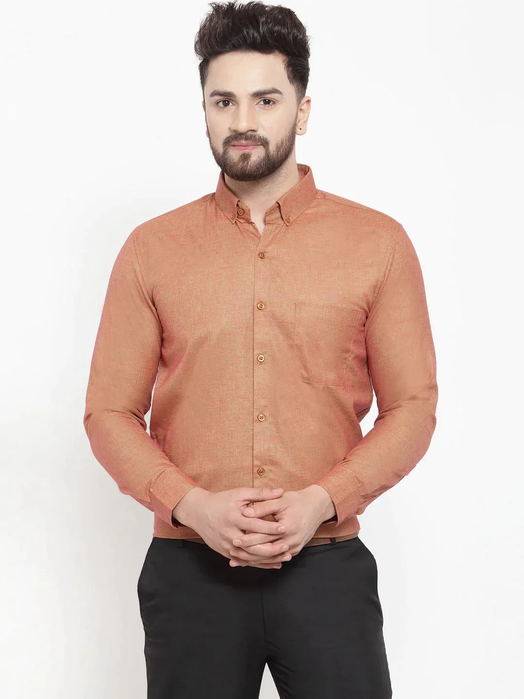 Orange Men'S Cotton Solid Button Down Formal Shirts