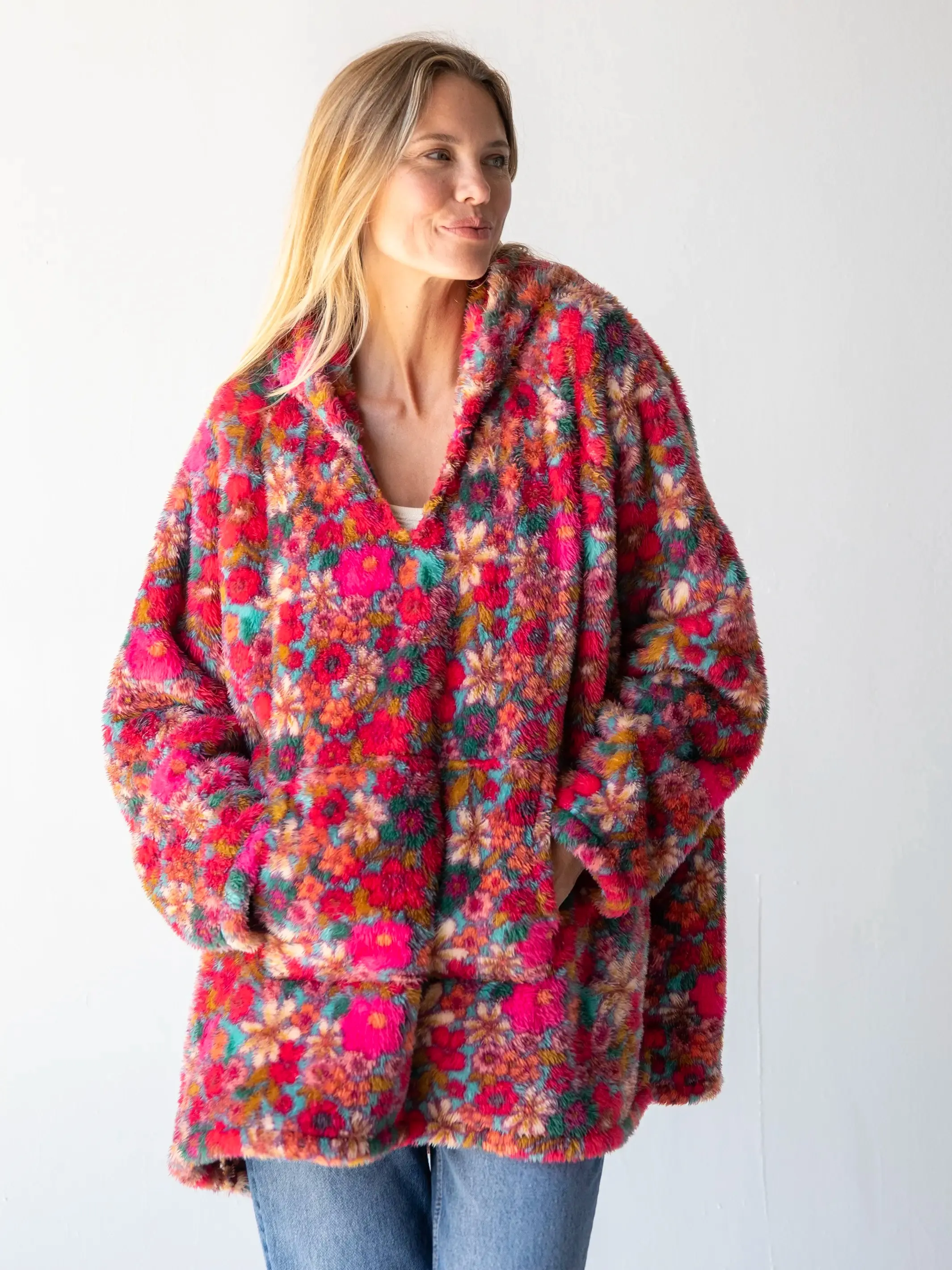 Oversized Blanket Hoodie - Turquoise Pink Retro Floral