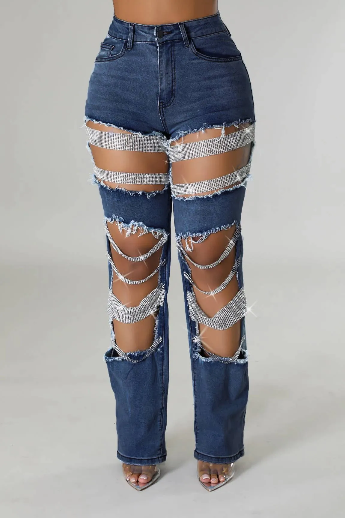 Pearl & Rhinestone Chain Ripped Cut Out Jeans