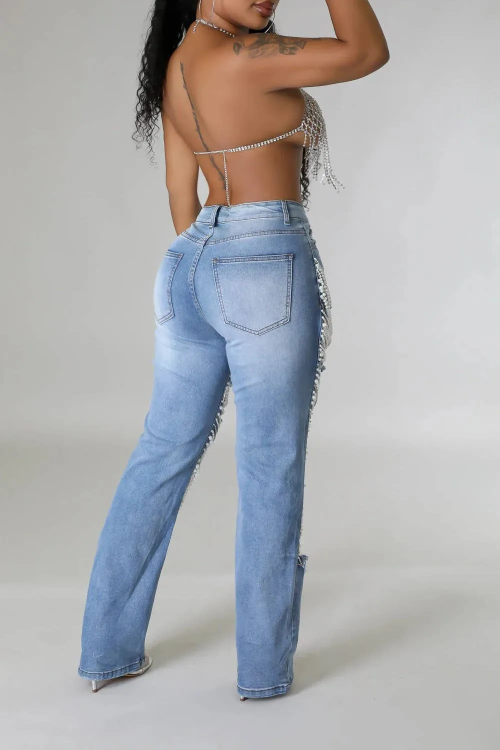 Pearl & Rhinestone Chain Ripped Cut Out Jeans