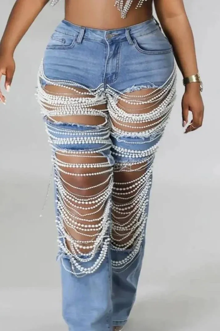 Pearl & Rhinestone Chain Ripped Cut Out Jeans