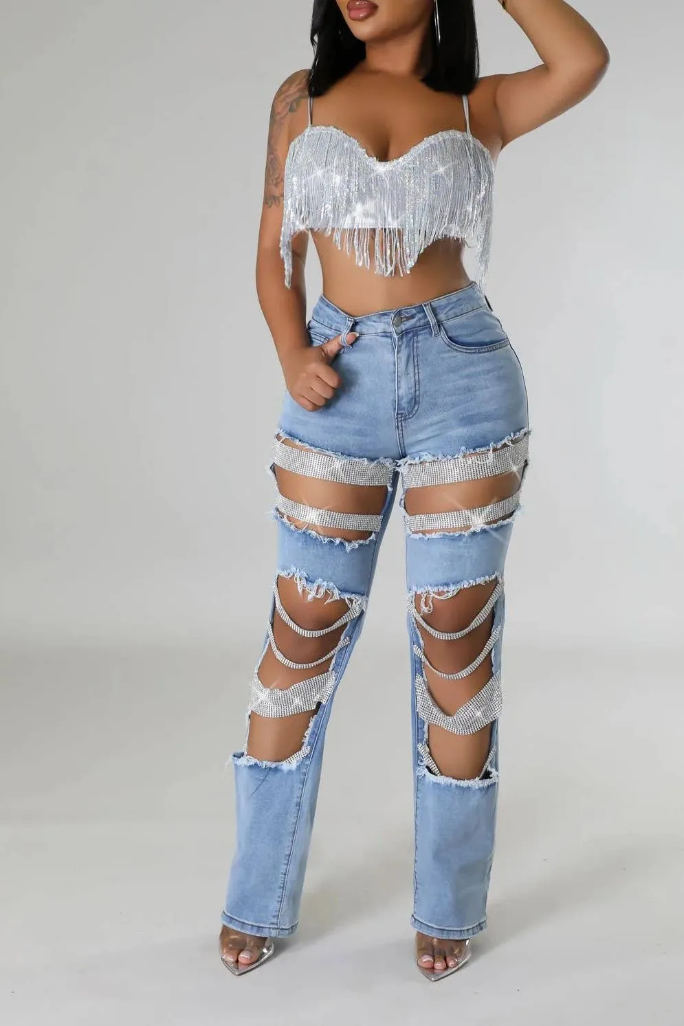 Pearl & Rhinestone Chain Ripped Cut Out Jeans