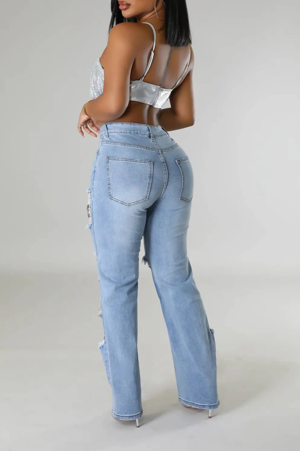 Pearl & Rhinestone Chain Ripped Cut Out Jeans