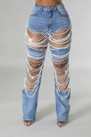 Pearl & Rhinestone Chain Ripped Cut Out Jeans