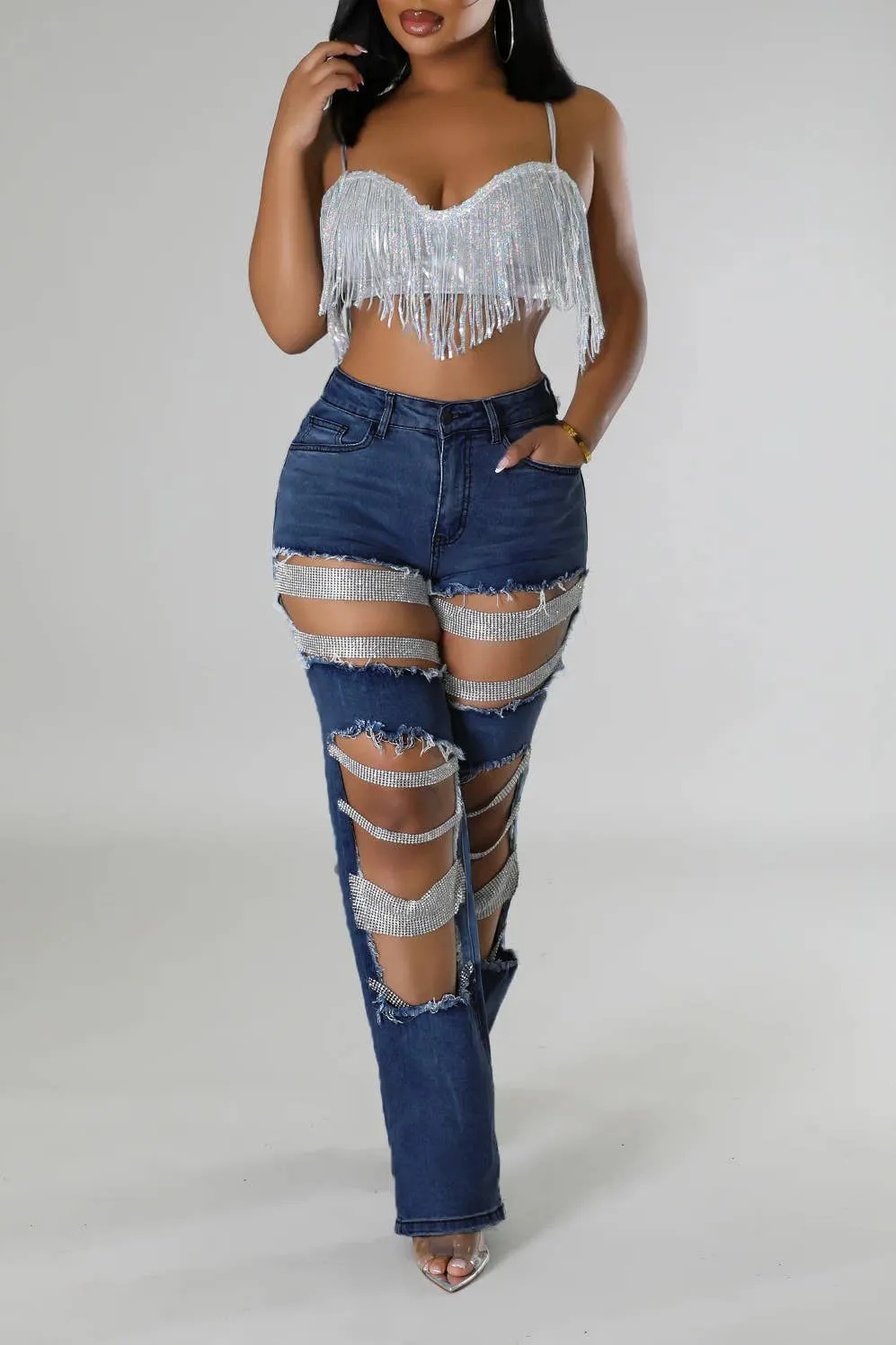 Pearl & Rhinestone Chain Ripped Cut Out Jeans