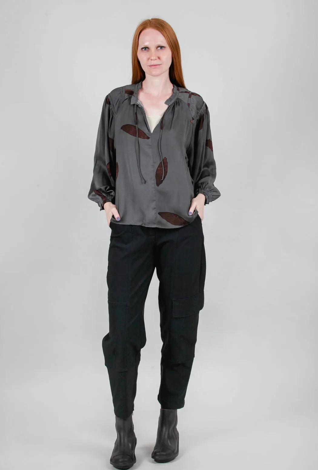 Petal-Print Satin Blouse, Slate