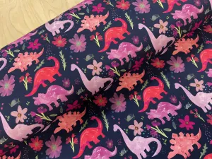 Pink Dinosaur Flowers on Navy Cotton Jersey Fabric