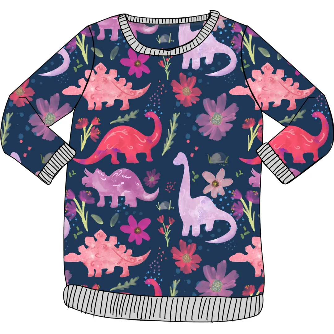 Pink Dinosaur Flowers on Navy Cotton Jersey Fabric