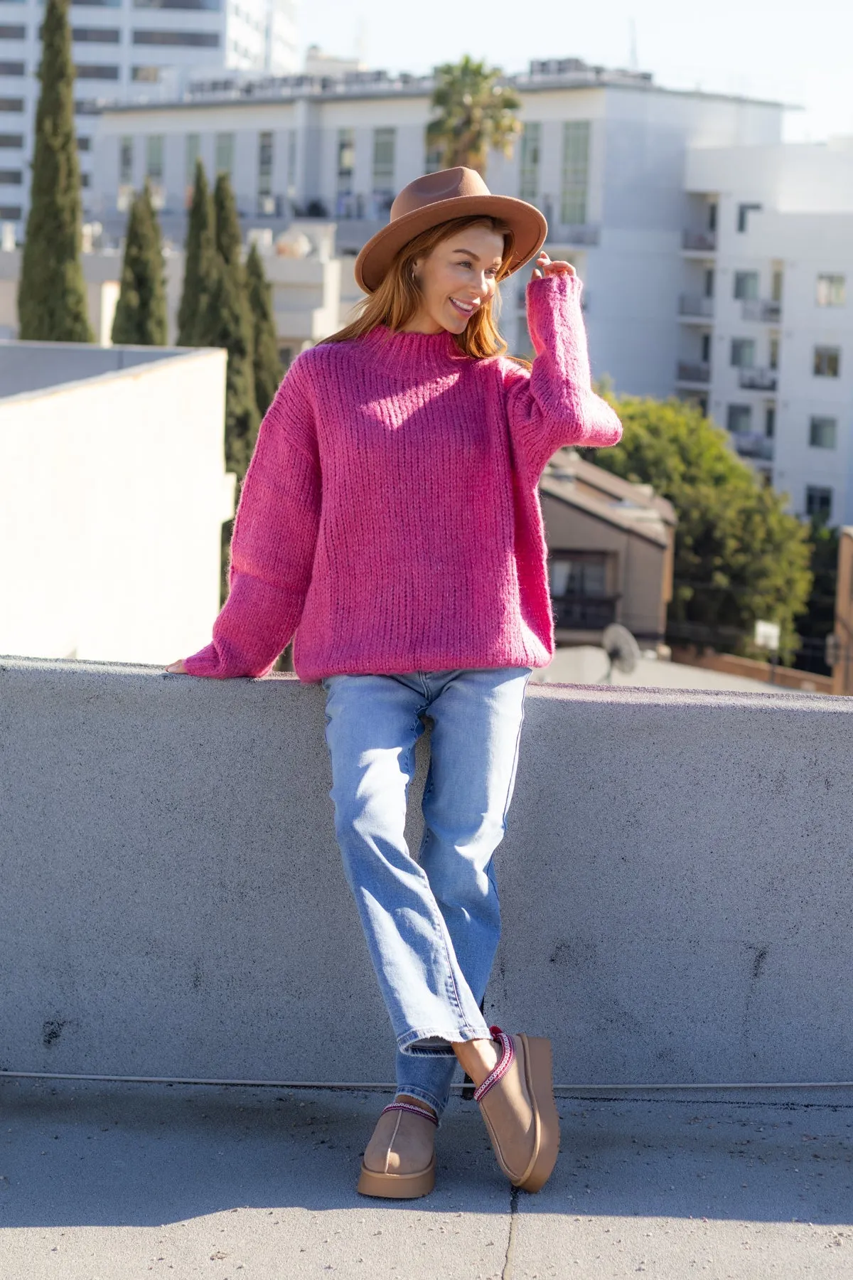 Pink Oversized Mock Neck Sweater