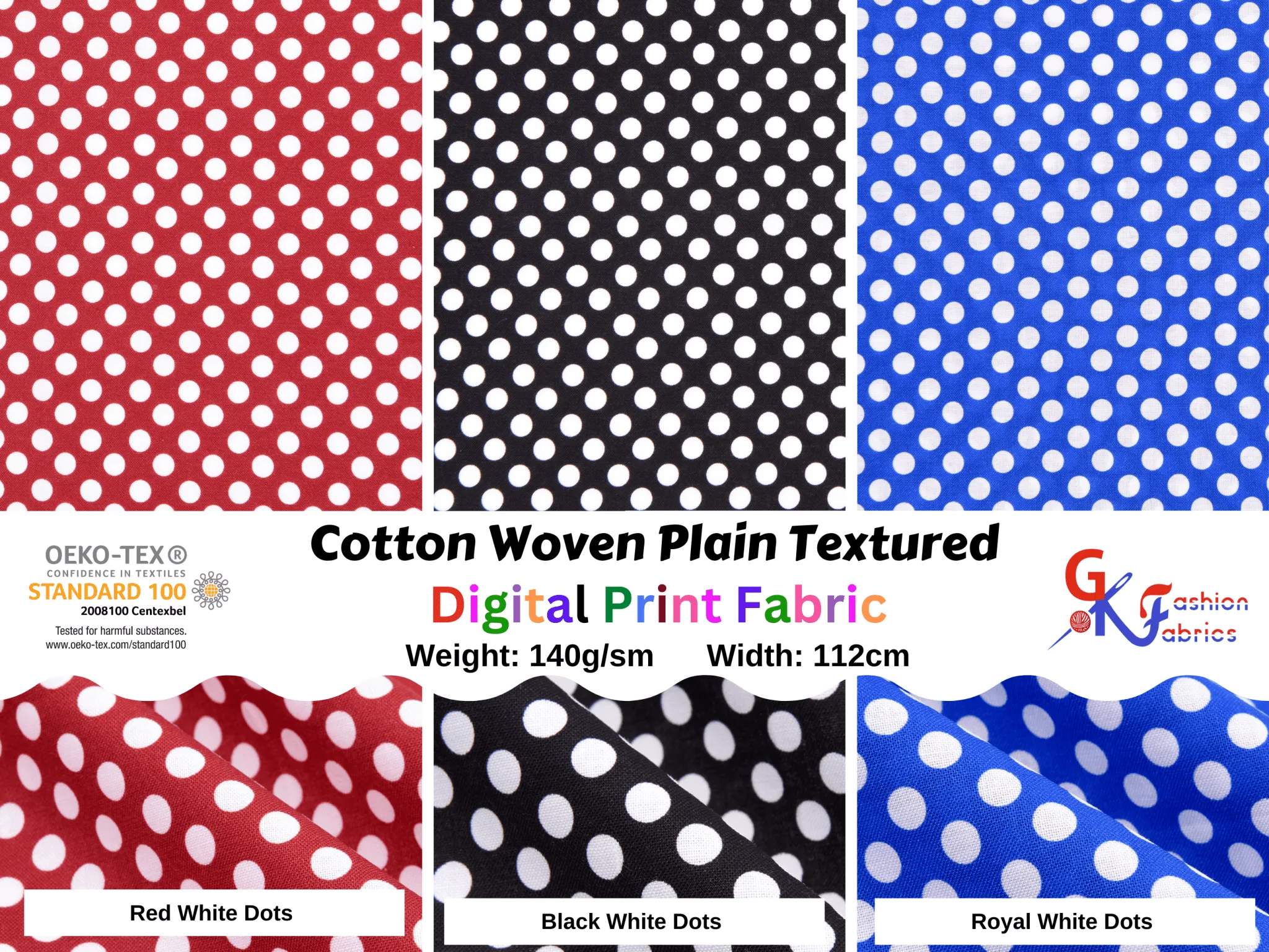 Quilted Cotton Woven Plain Textured Polka Dots Digital Print Fabric