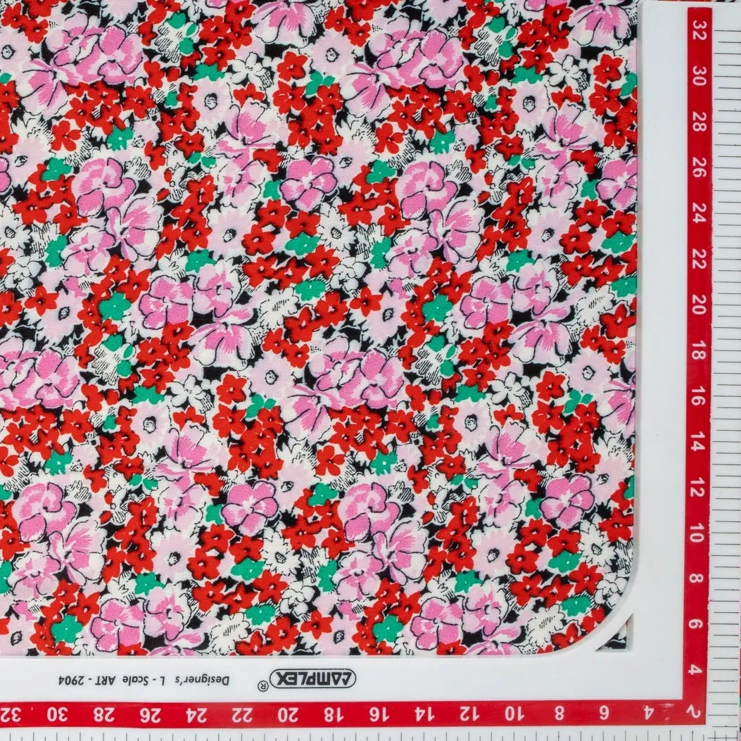 Red Pink Ditsy Floral Print Moss Crepe Fabric