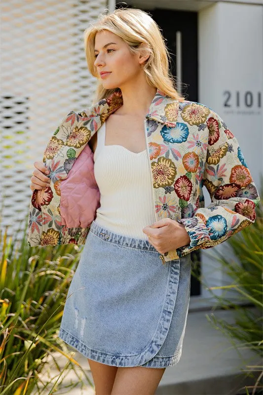 Retro Floral Printed Cropped Jacket