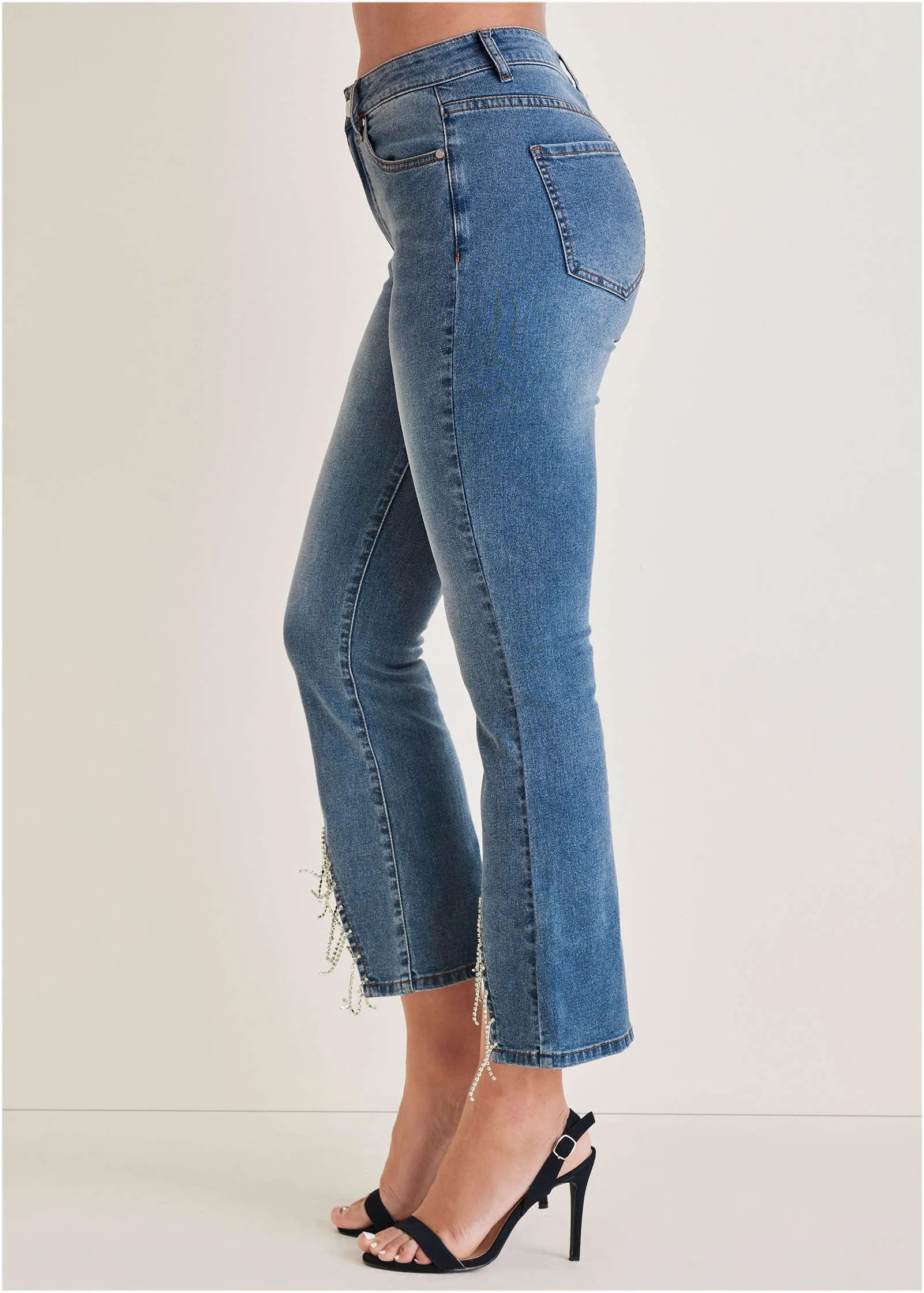 Rhinestone Kick Flare Jeans - Medium Wash