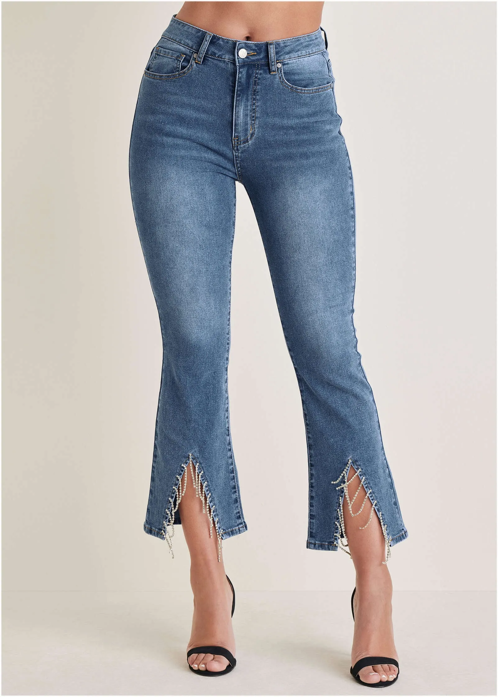 Rhinestone Kick Flare Jeans - Medium Wash