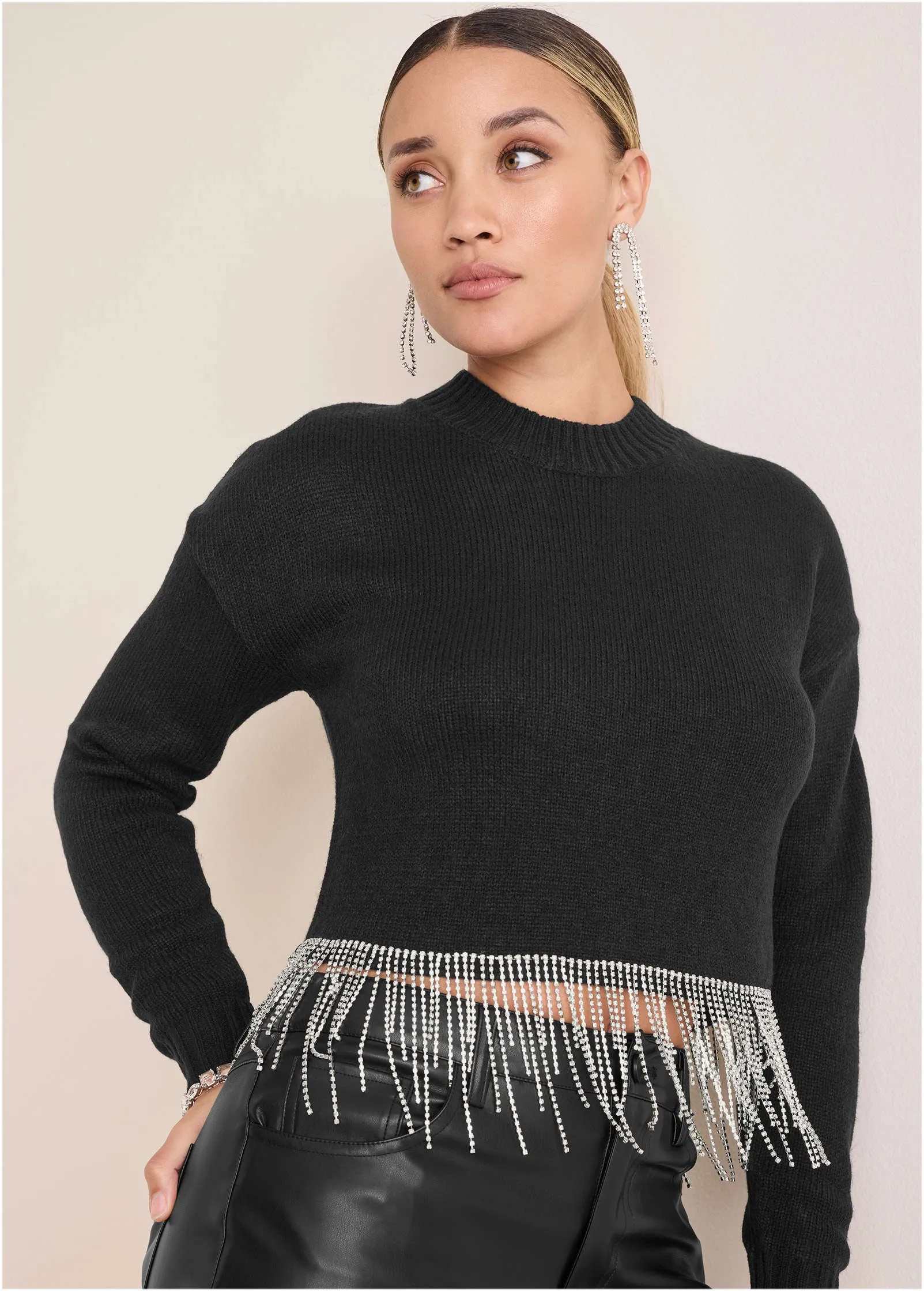 Rhinestone Trim Sweater  - Black