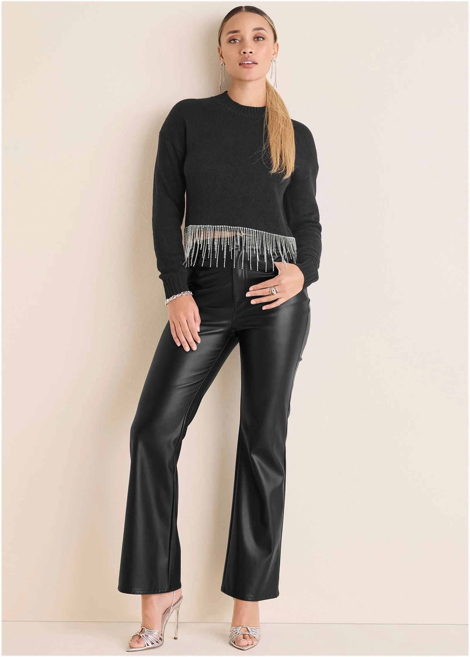 Rhinestone Trim Sweater  - Black