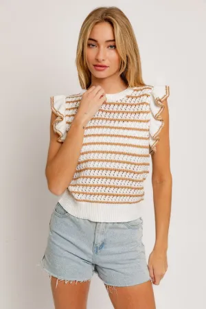 Round Neck Ruffle Sleeve Stripe Knit Top