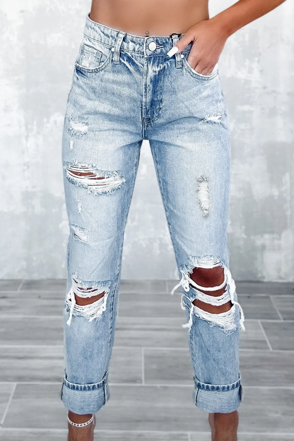 Sky Blue Light Wash Frayed Slim Fit High Waist Jean