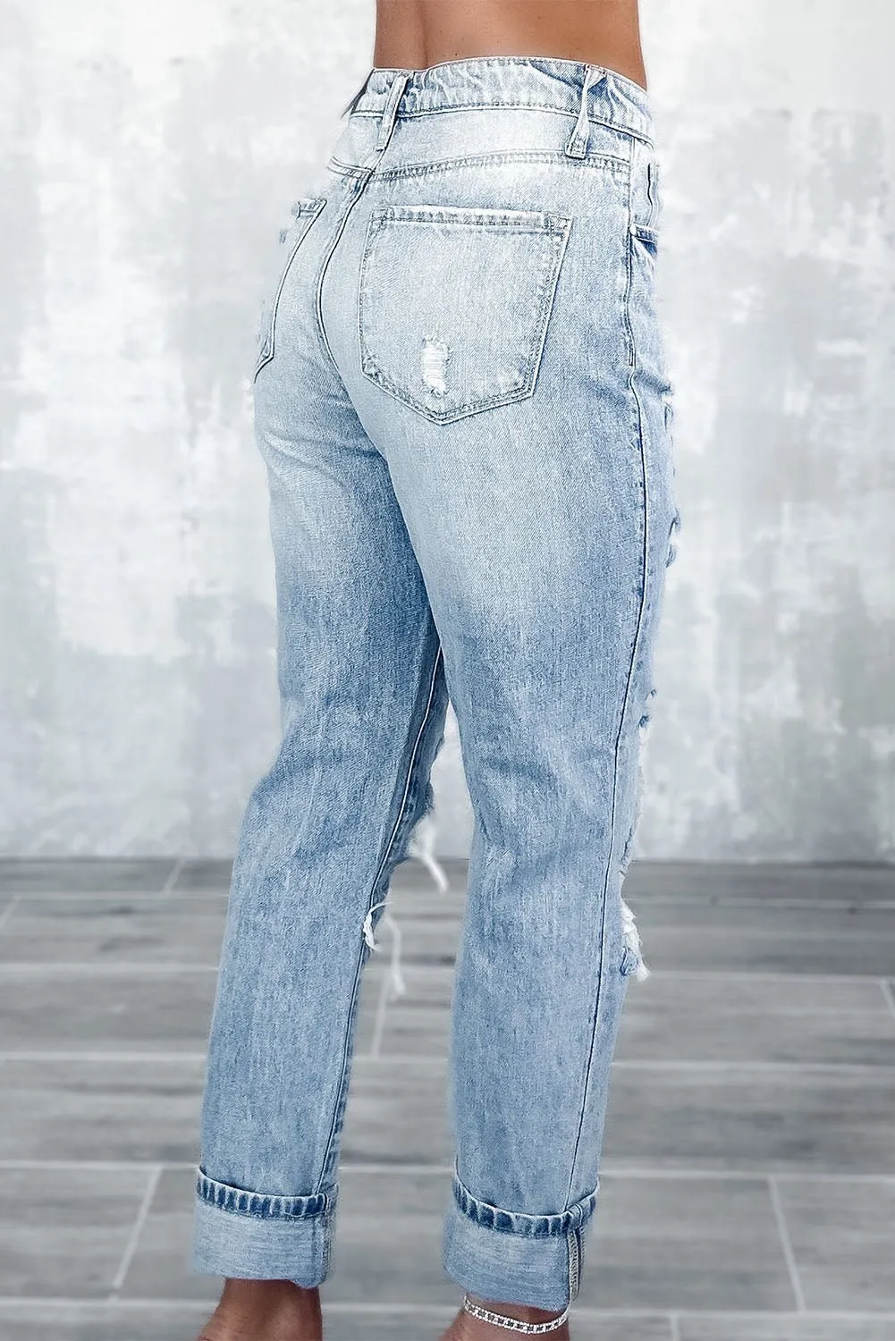 Sky Blue Light Wash Frayed Slim Fit High Waist Jean