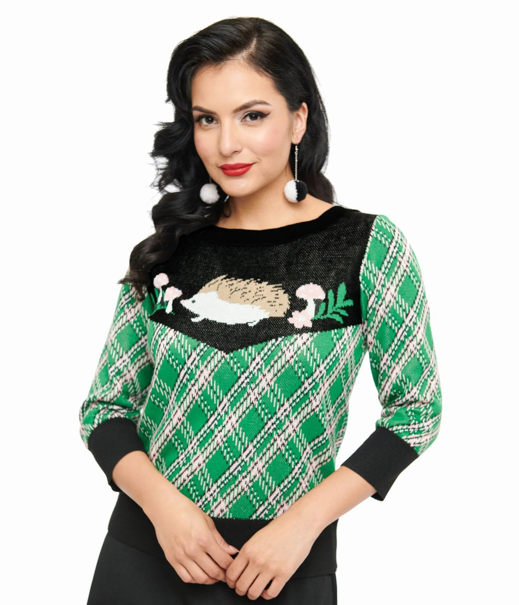 Smak Parlour 1960s Green Plaid & Hedgehog Sweater