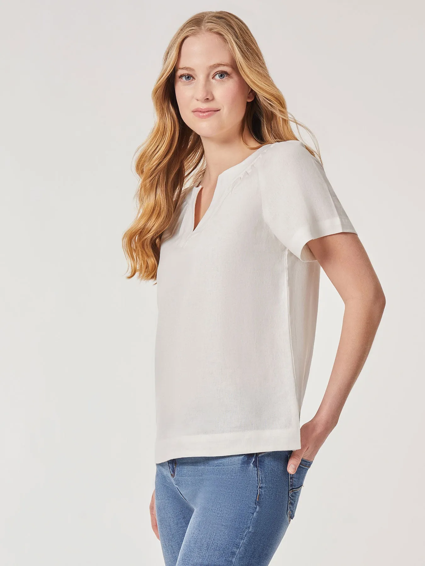 Solid Linen Blend Popover Blouse