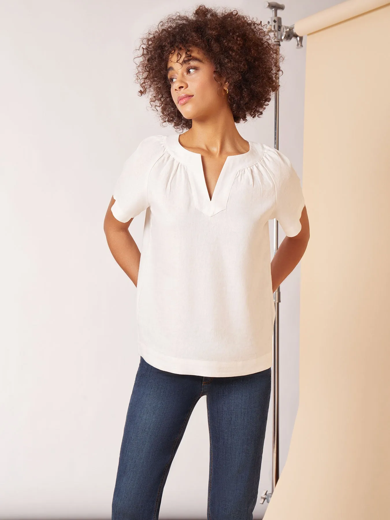 Solid Linen Blend Popover Blouse