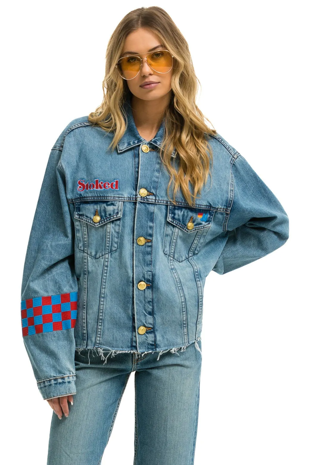 STOKED BOLT SMILEY OVERSIZED CUTOFF DENIM JACKET - VINTAGE