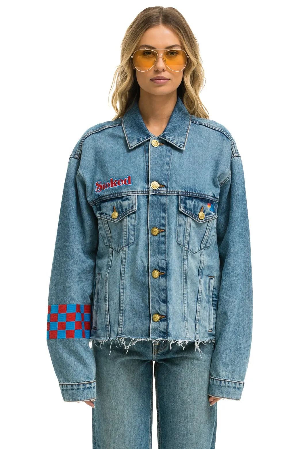 STOKED BOLT SMILEY OVERSIZED CUTOFF DENIM JACKET - VINTAGE