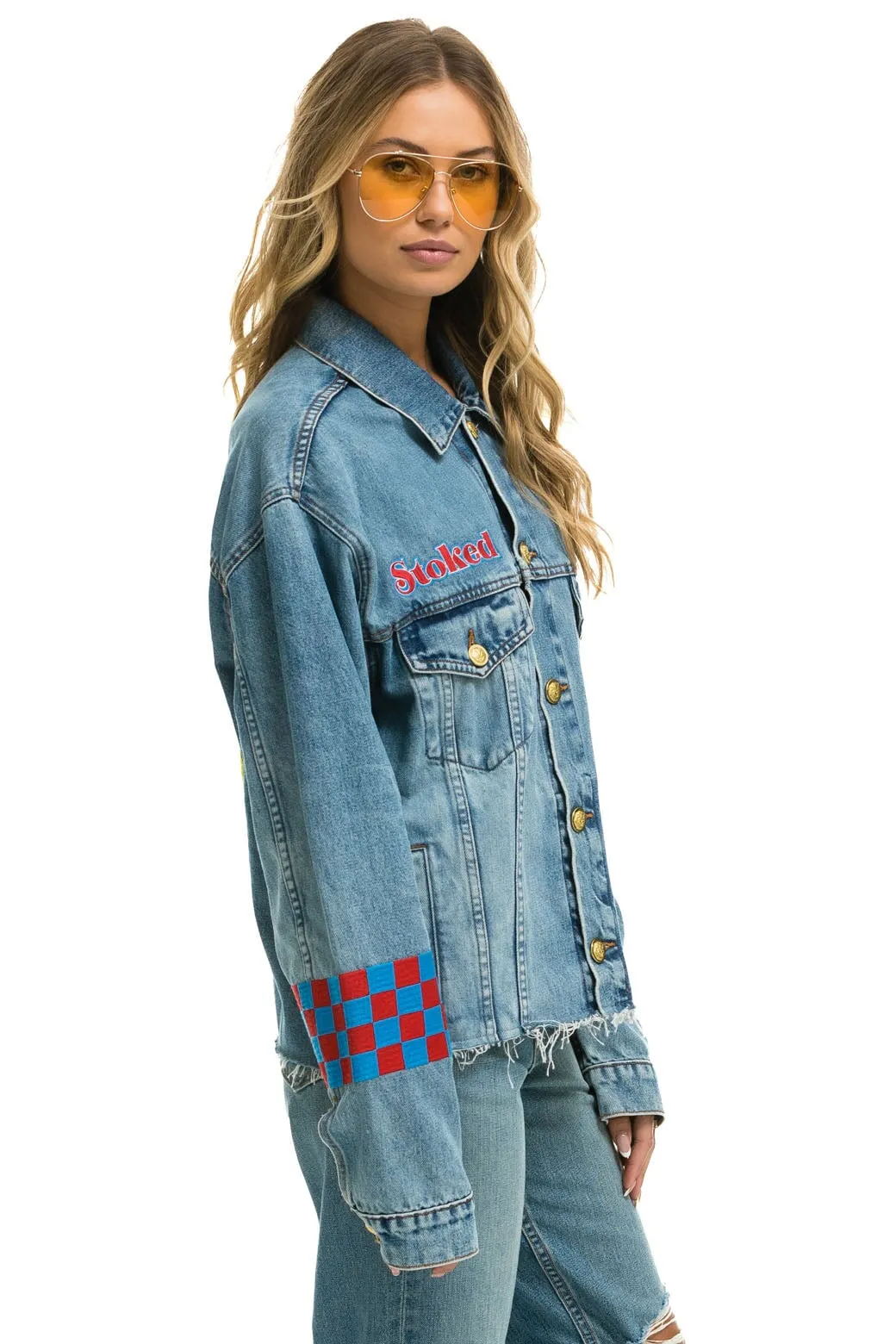 STOKED BOLT SMILEY OVERSIZED CUTOFF DENIM JACKET - VINTAGE