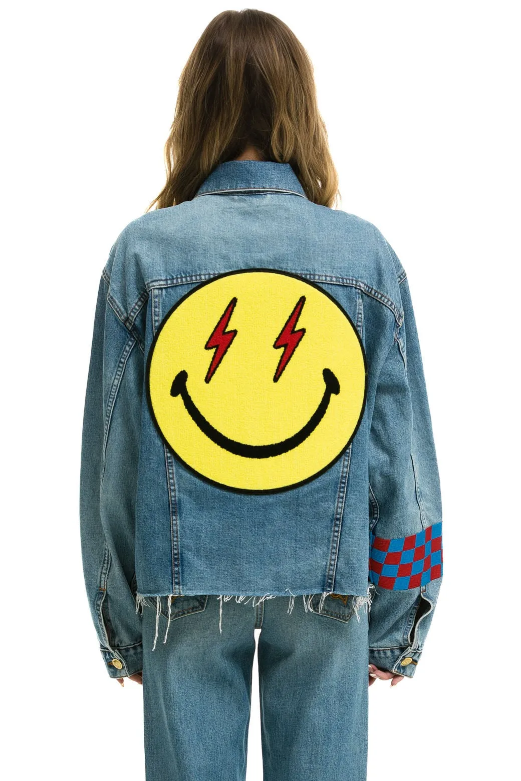 STOKED BOLT SMILEY OVERSIZED CUTOFF DENIM JACKET - VINTAGE