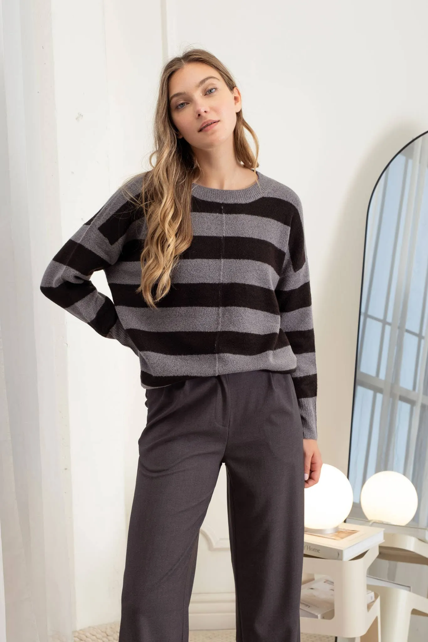 STRIPE CREW LONG SLEEVE KNIT SWEATER