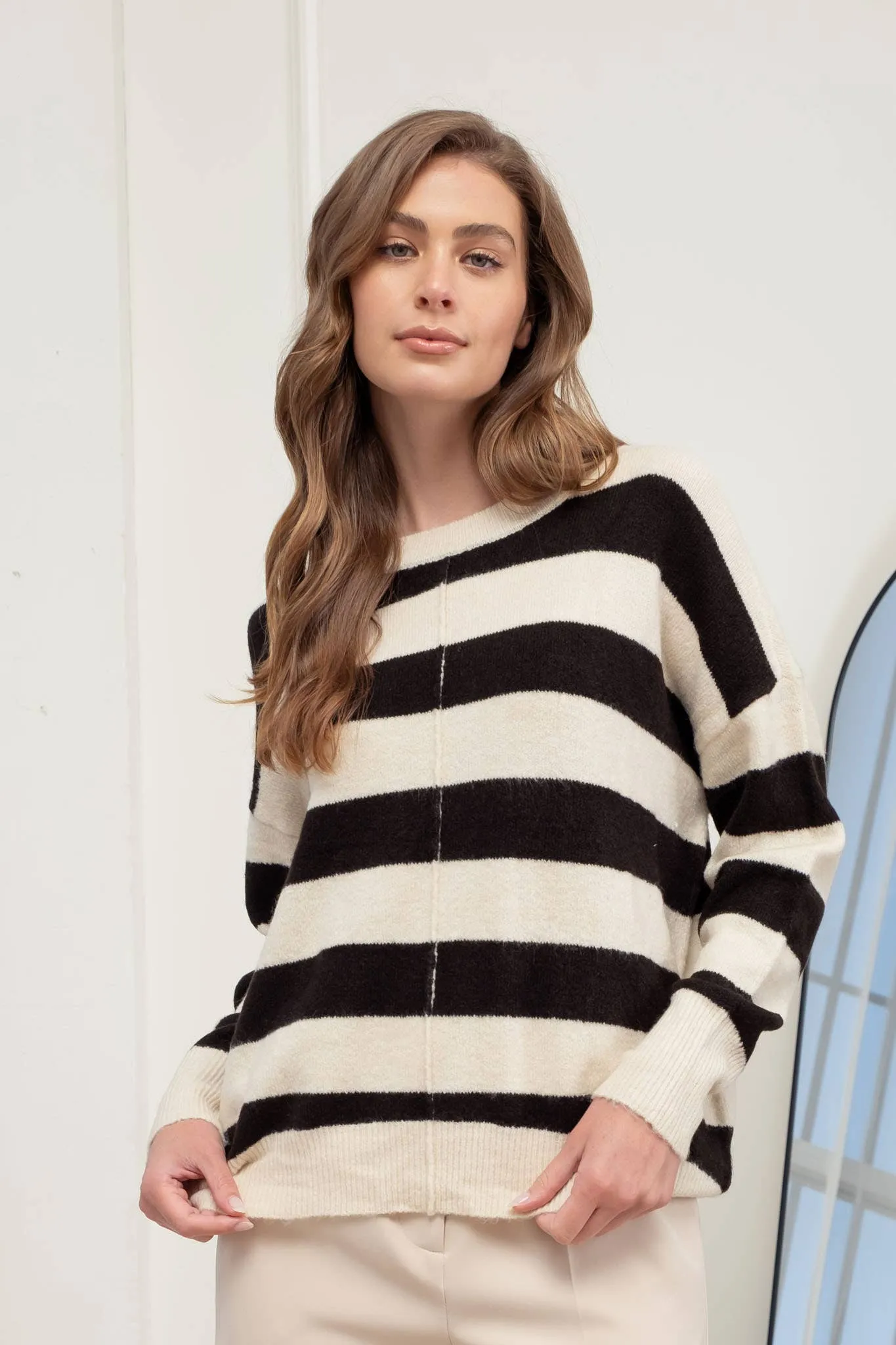 STRIPE CREW LONG SLEEVE KNIT SWEATER