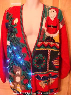 Tacky 80s Xmas Sweater Cardigan with Lights Santa, Tree, Bear, Bells