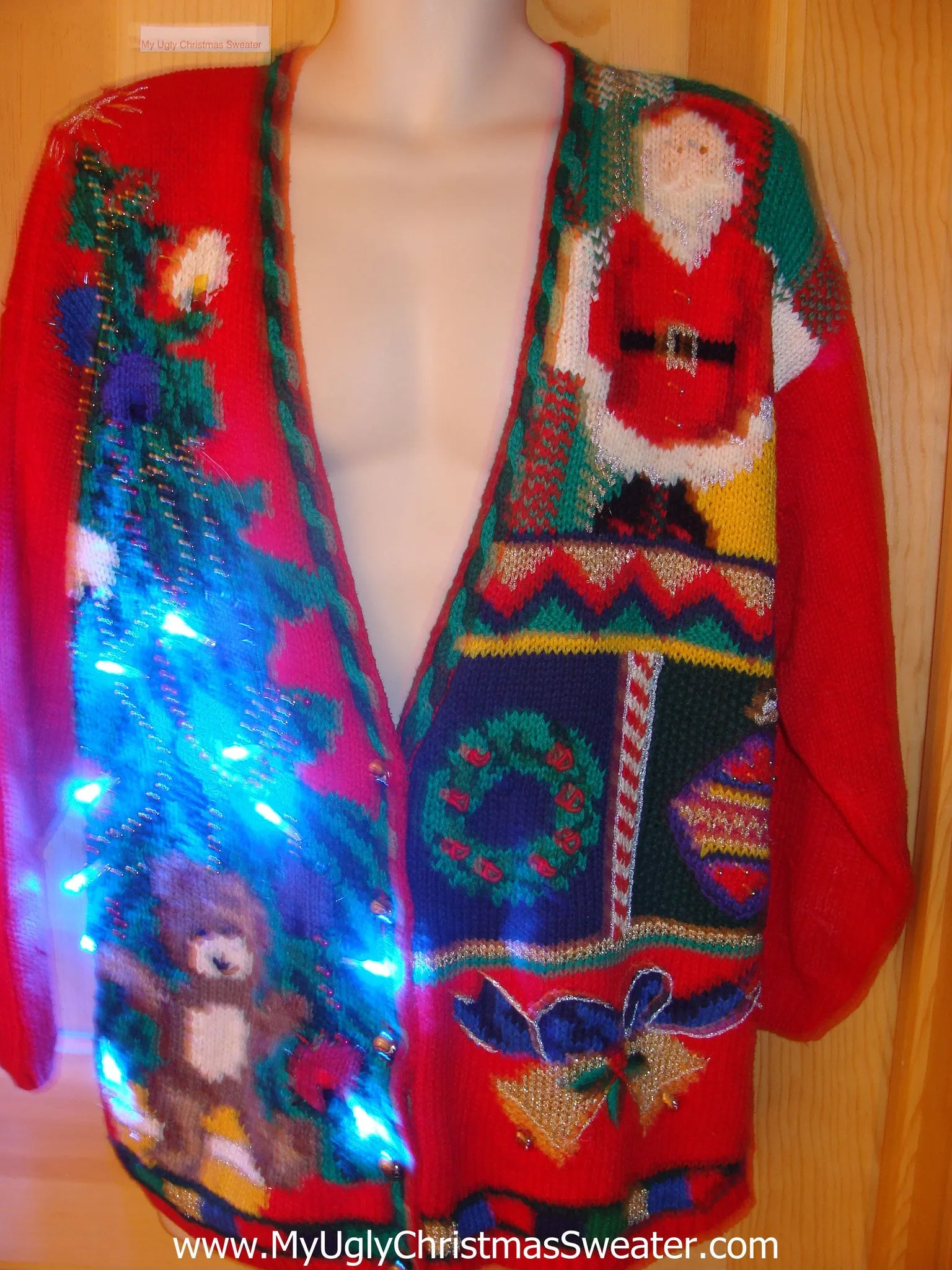 Tacky 80s Xmas Sweater Cardigan with Lights Santa, Tree, Bear, Bells