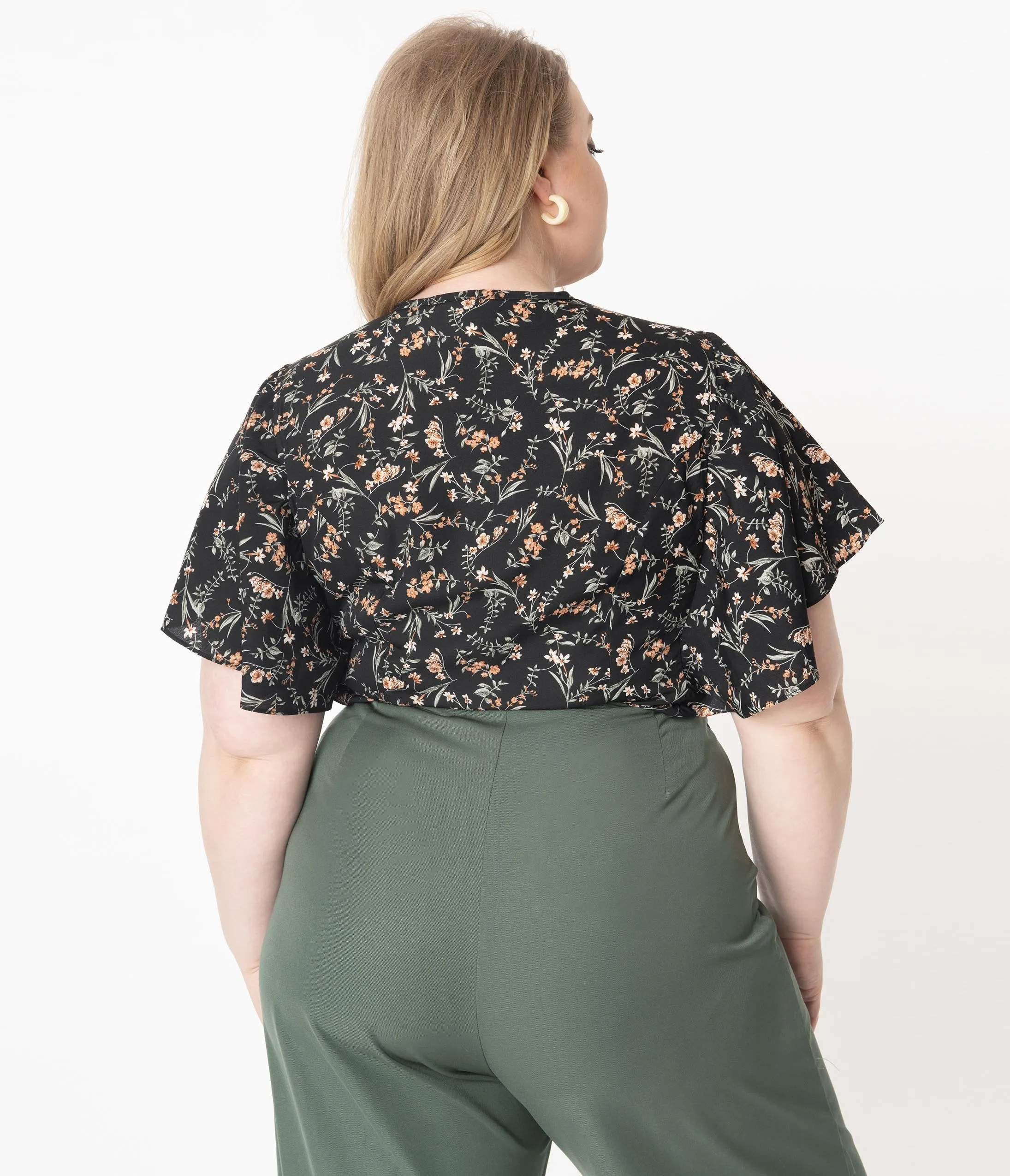 Unique Vintage Plus Size Black Wildflower Print Butterfly Cecilia Blouse