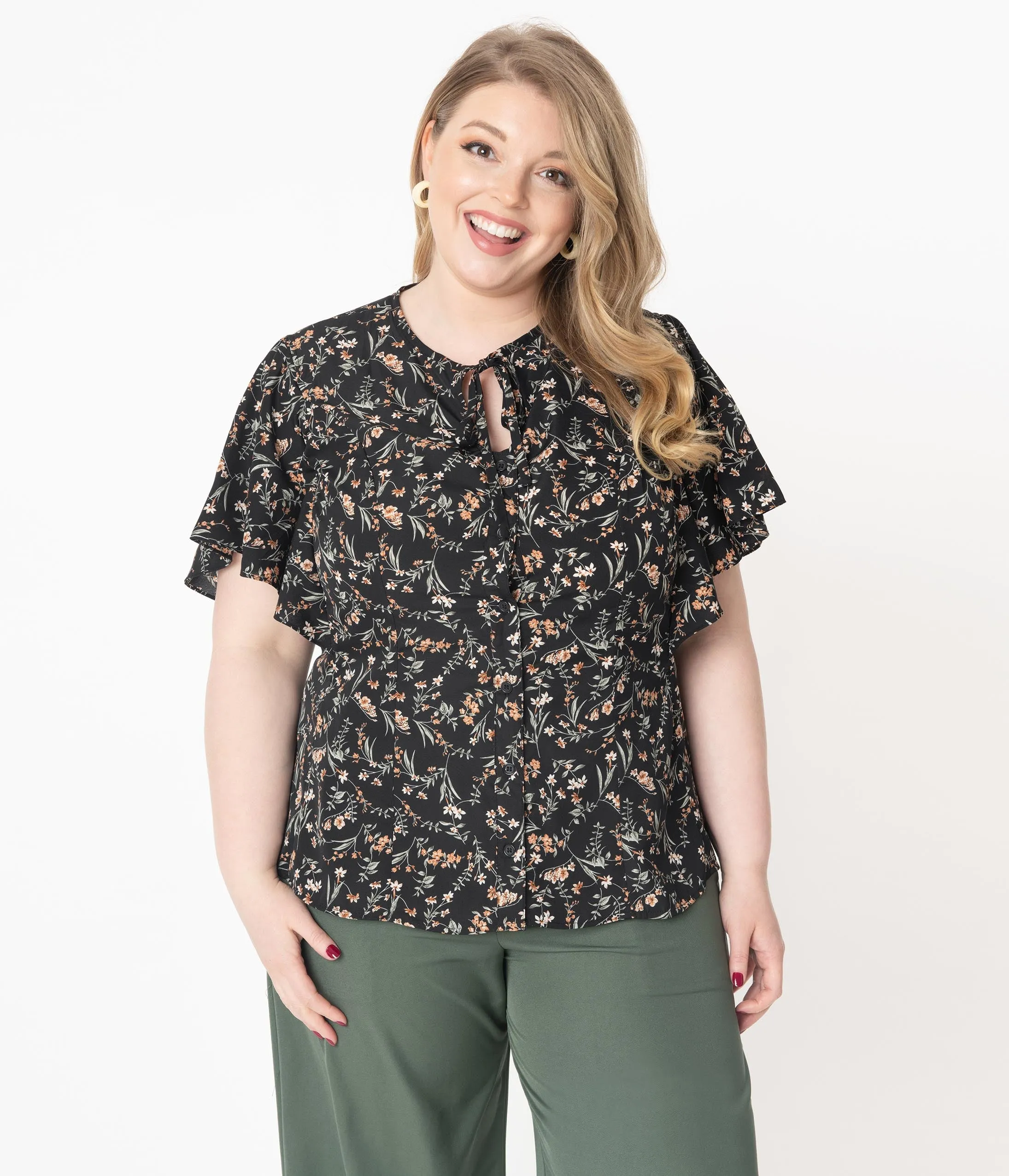 Unique Vintage Plus Size Black Wildflower Print Butterfly Cecilia Blouse