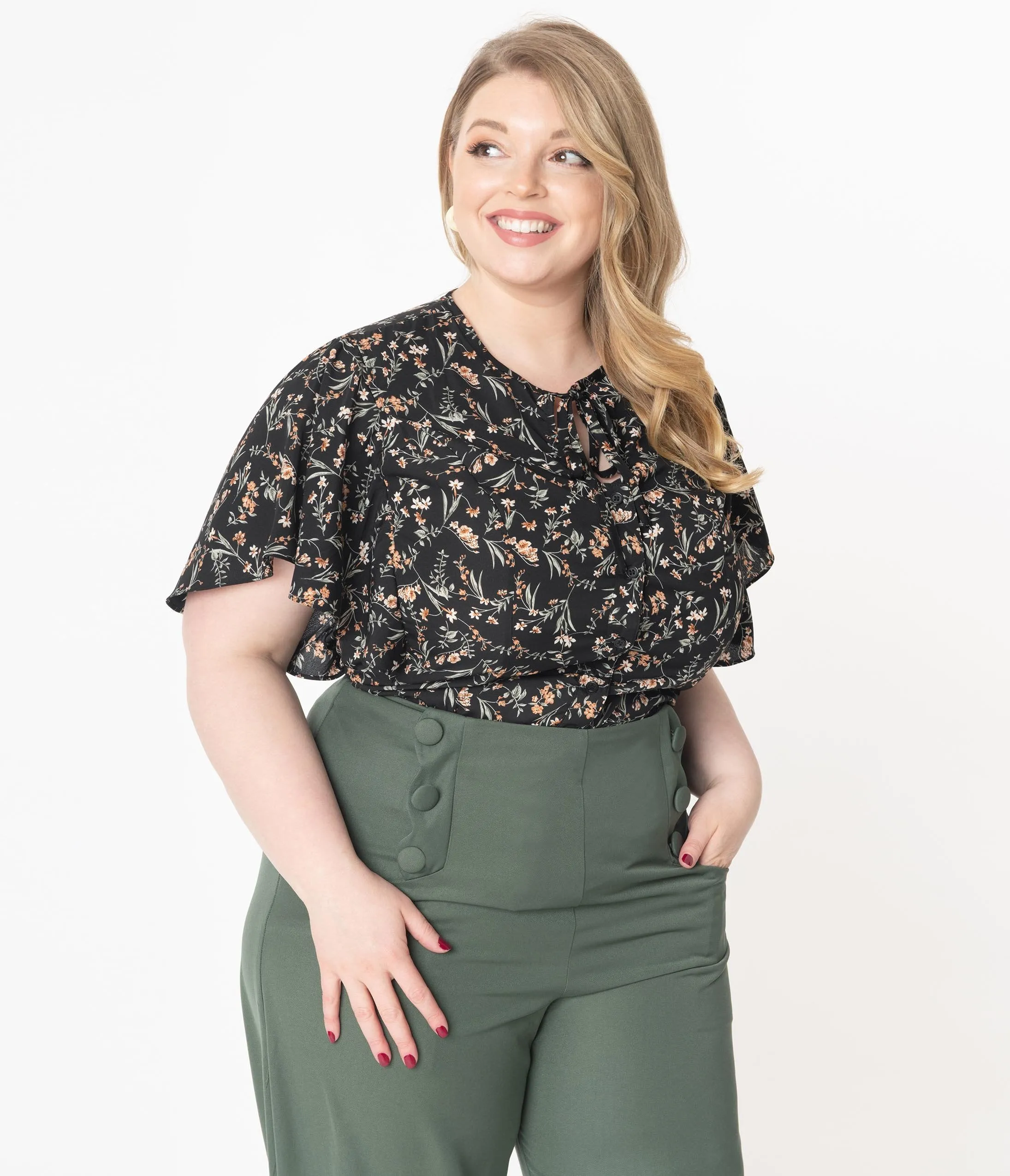 Unique Vintage Plus Size Black Wildflower Print Butterfly Cecilia Blouse