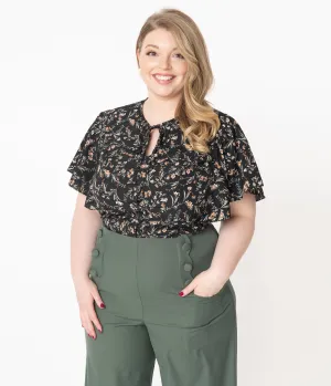 Unique Vintage Plus Size Black Wildflower Print Butterfly Cecilia Blouse