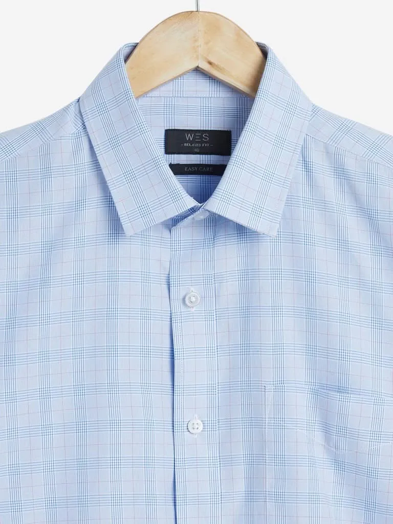 WES Formals Light Blue Checked Relaxed Fit Shirt