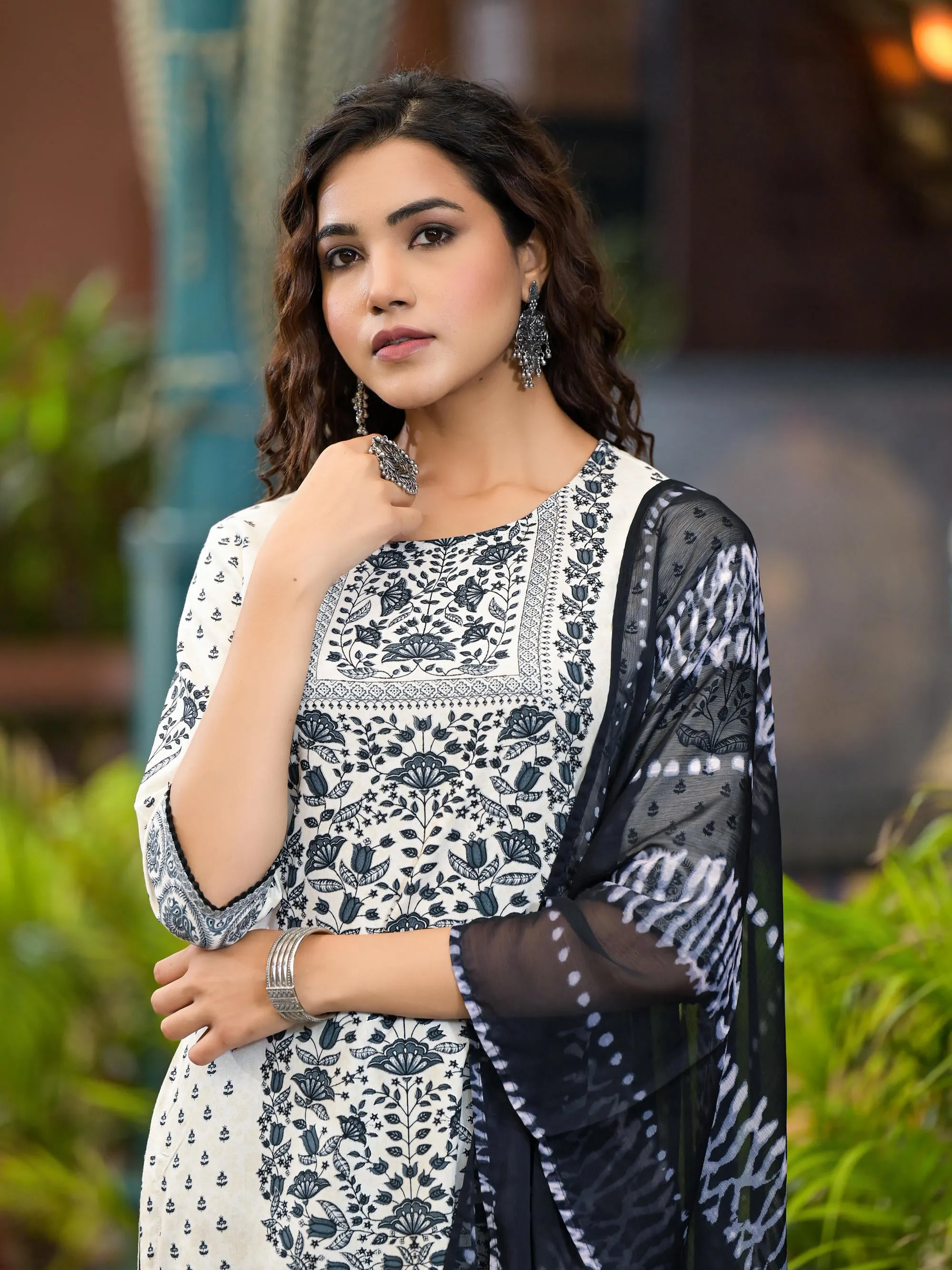 White & Black Printed Liva Rayon  Kurta Set With Lace