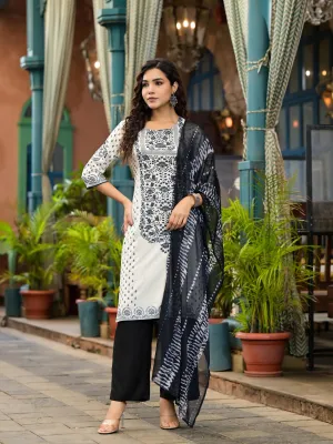 White & Black Printed Liva Rayon  Kurta Set With Lace