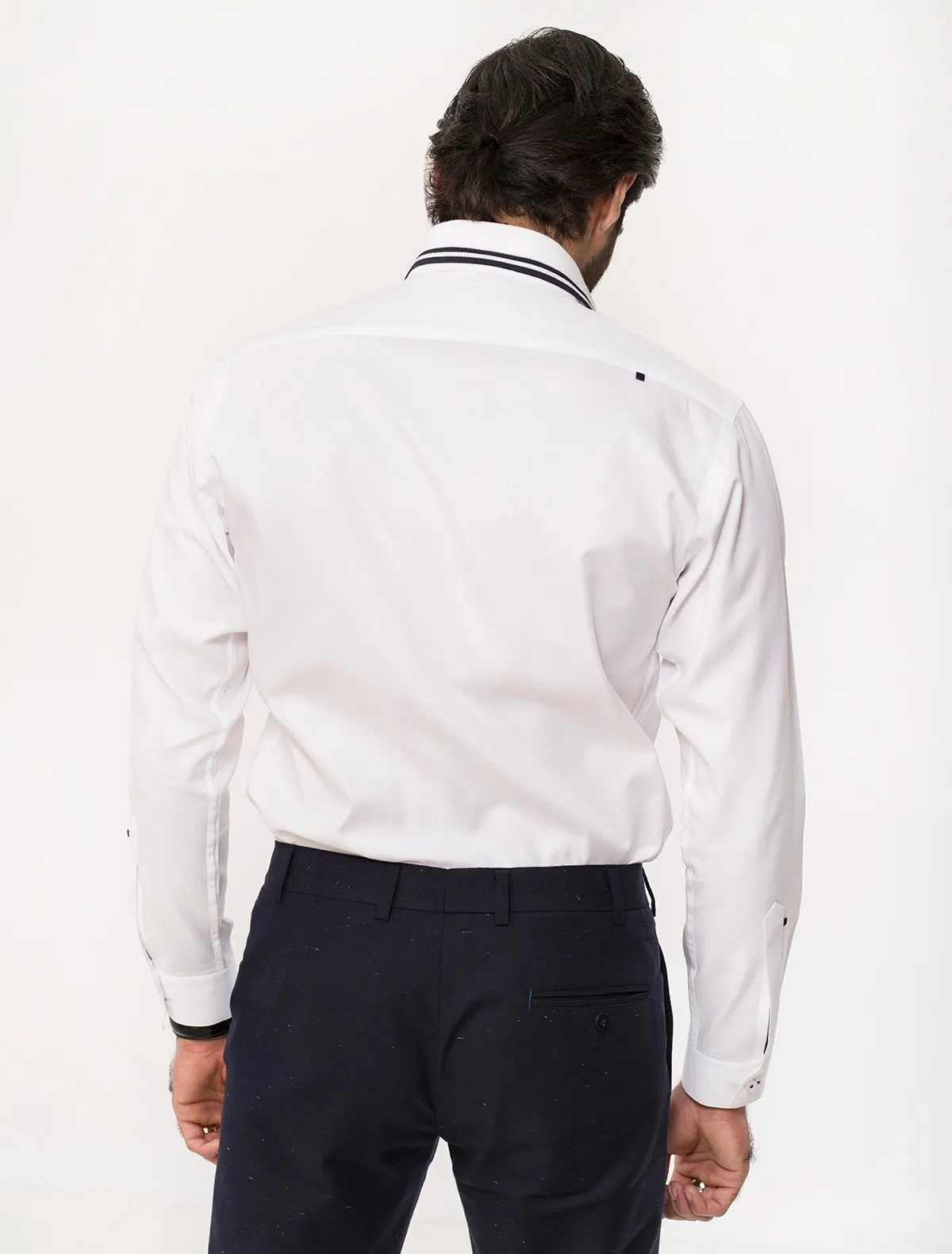 WHITE & NAVY RIB COLLAR SHIRT