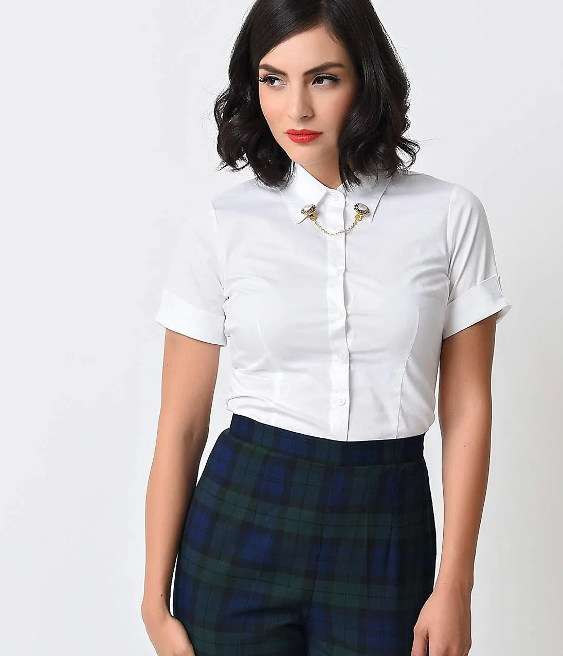 White Collared Short Sleeve Button Up Blouse