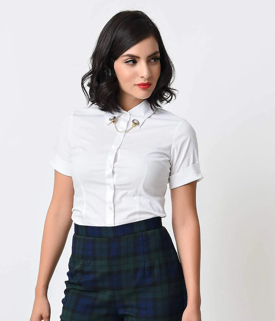 White Collared Short Sleeve Button Up Blouse