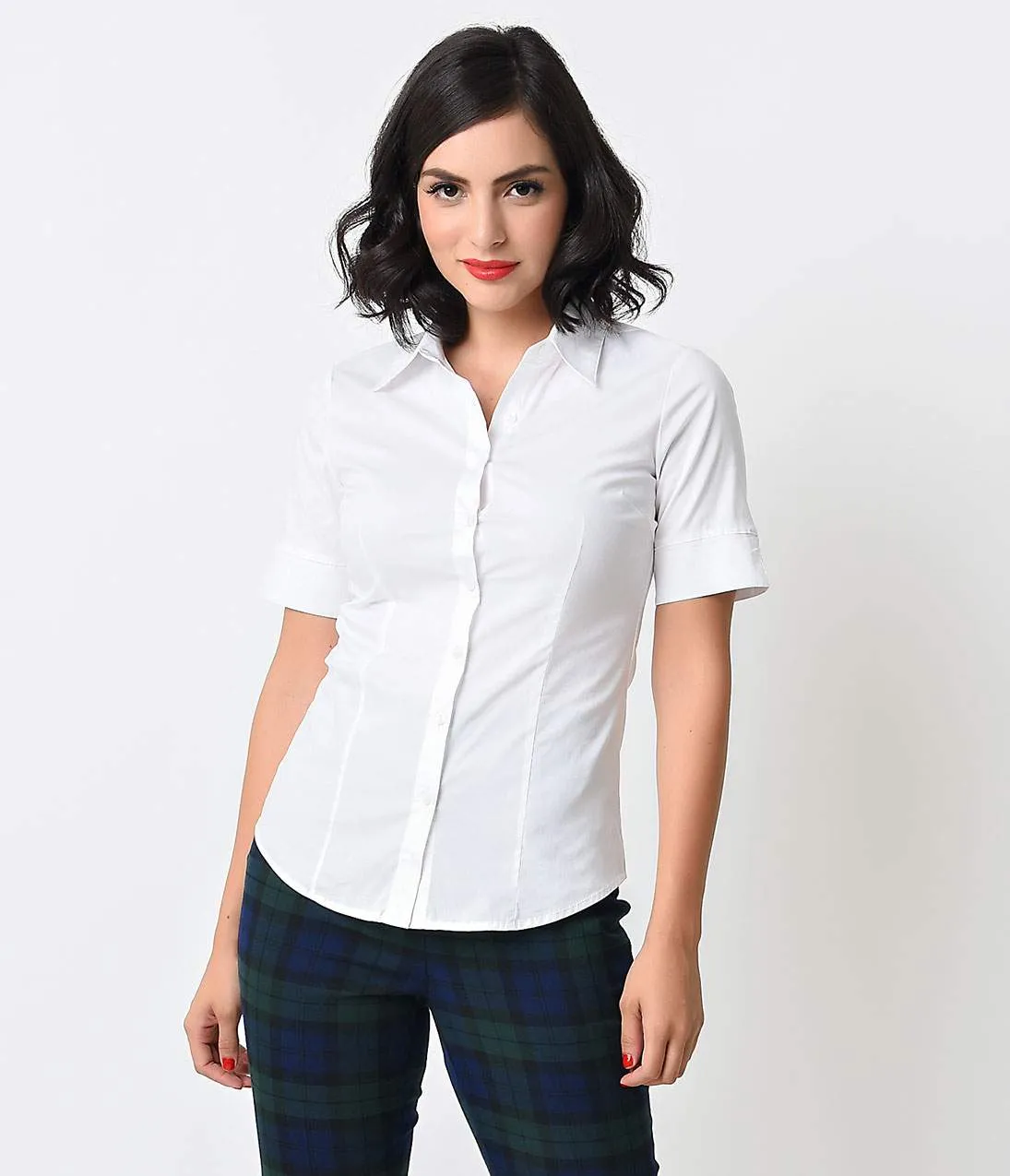 White Collared Short Sleeve Button Up Blouse